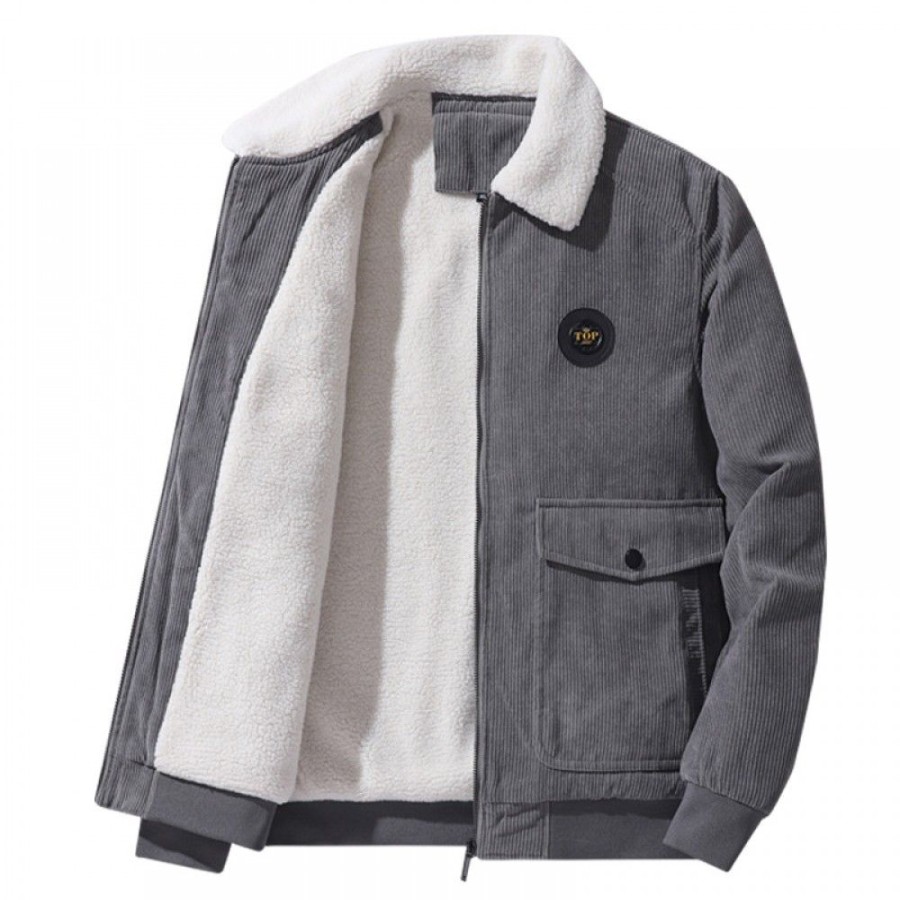 Men'S Favoshape | Men'S Corduroy Plush Lined Solid Applique Lapel Thick Jacket