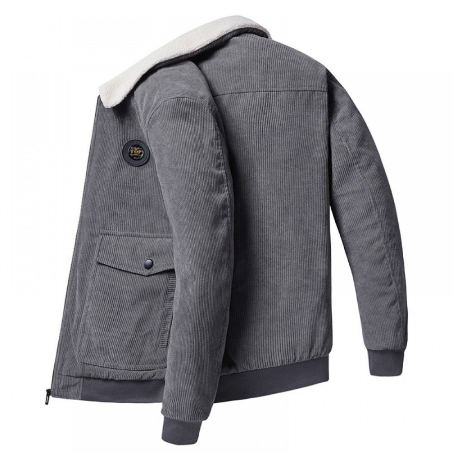 Men'S Favoshape | Men'S Corduroy Plush Lined Solid Applique Lapel Thick Jacket