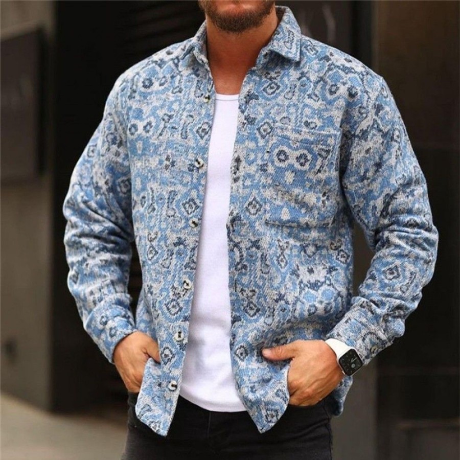 Men'S Favoshape | Men'S Western Cowboy Aztec Button Up Shirt Jacket Blue