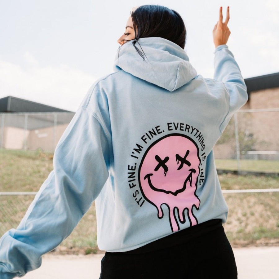 Women'S Favoshape | Women'S Preppy It'S Fine I'M Fine Everything Is Fine Drippy Smile Face Hoodies Blue