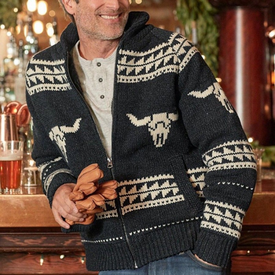 Men'S Favoshape | Men'S Western Cowboy Zip-Front Cardigan Vintage Aztec Shawl Collar Knitwear