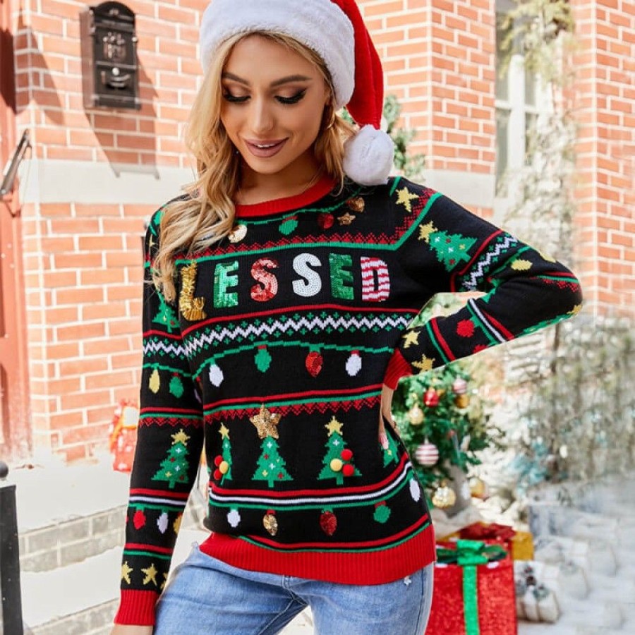 Ugly Sweater Favoshape | Women'S Blessed Round Neck Sequin Knit Christmas Sweater Black