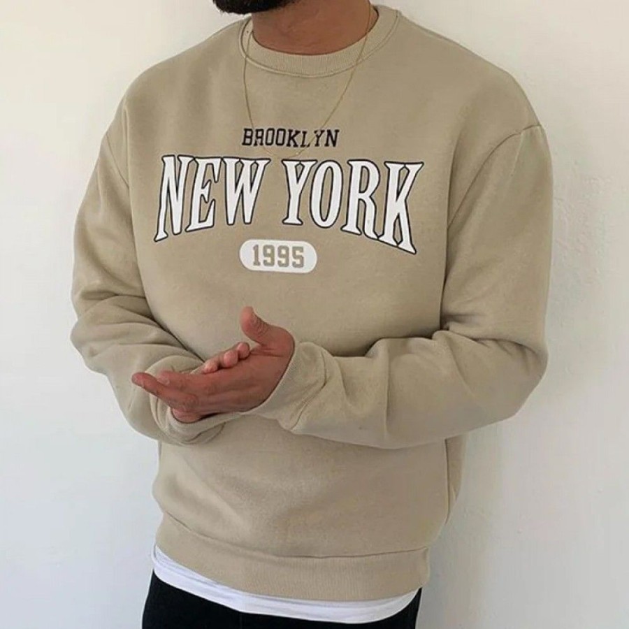 Men'S Favoshape | Men'S Brooklyn New York 1995 Crewneck Sweatshirt Khaki