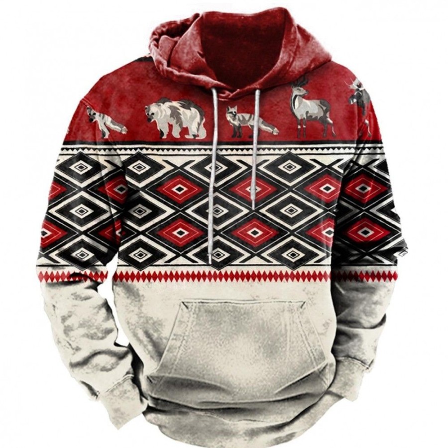 Men'S Favoshape | Men'S Retro Western Cowboy Colorblock Drawstring Hoodie Red