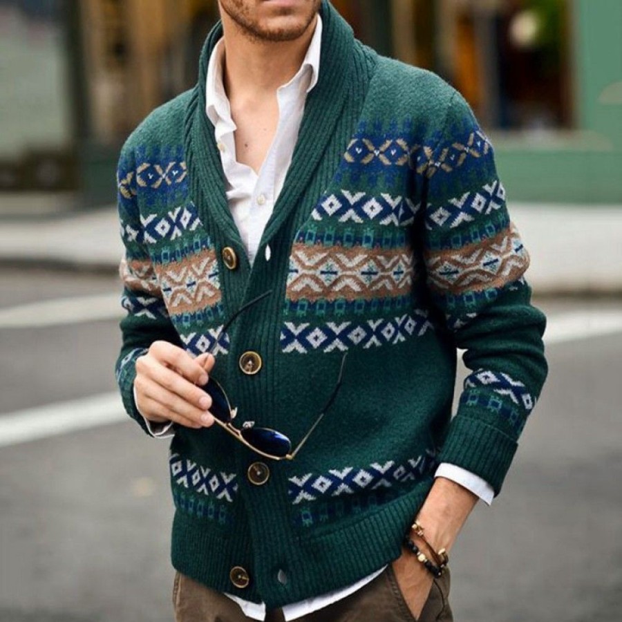 Men'S Favoshape | Mens Aztec Pattern Button-Up Lapel Cardigan Vintage Jacquard Knitwear Dark Green