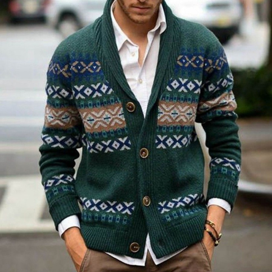 Men'S Favoshape | Mens Aztec Pattern Button-Up Lapel Cardigan Vintage Jacquard Knitwear Dark Green