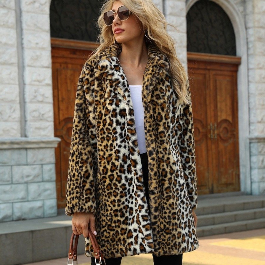 Women'S Favoshape | Women'S Leopard Faux Fur Cardigan Coat Yellow