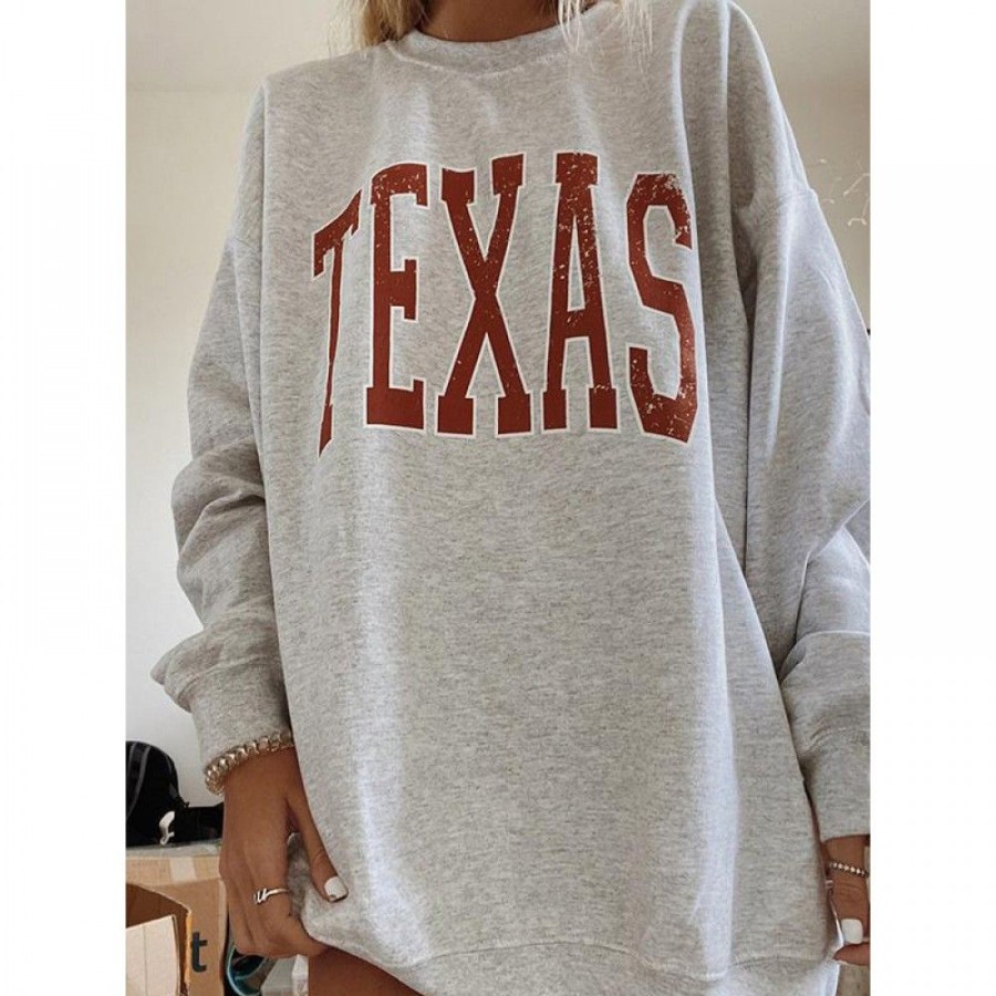 Women'S Favoshape | Women'S Preppy Texas Oversized City Fashion Crewenck Sweatshirt Grey