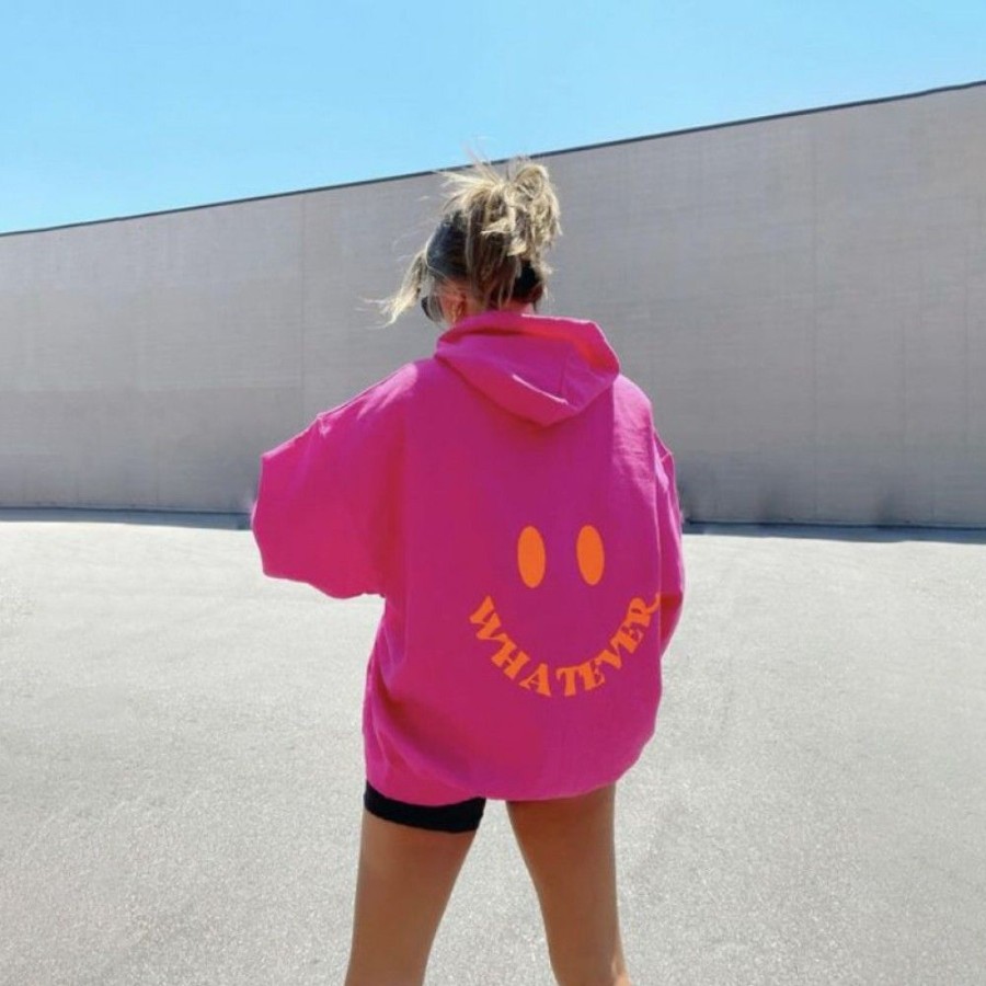 Women'S Favoshape | Women'S Whatever Smiley Face Printed Oversized Hoodie Rose Red