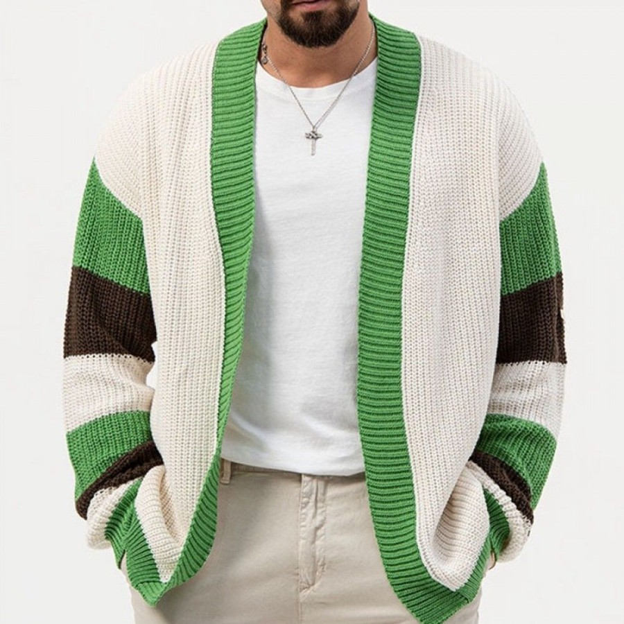 Men'S Favoshape | Men'S Open Front Cream Color Block Knitted Cardigan Green