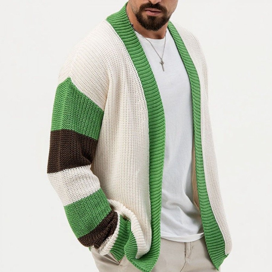 Men'S Favoshape | Men'S Open Front Cream Color Block Knitted Cardigan Green