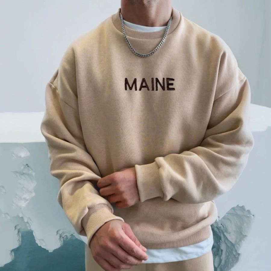 Men'S Favoshape | Men'S Maine Printed Crewneck Sweatshirt Khaki