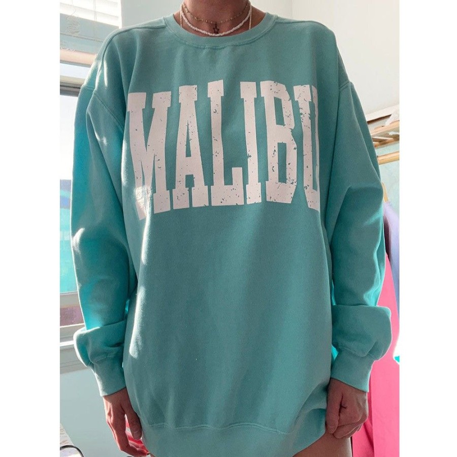 Women'S Favoshape | Women'S Distressed Malibu Printed Crewneck Sweatshirt Green