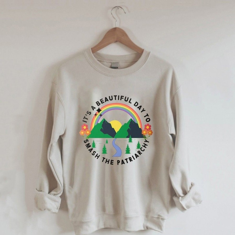 Women'S Favoshape | Women'S It'S A Beautiful Day To Smash The Patriarchy Crewneck Sweatshirt Khaki