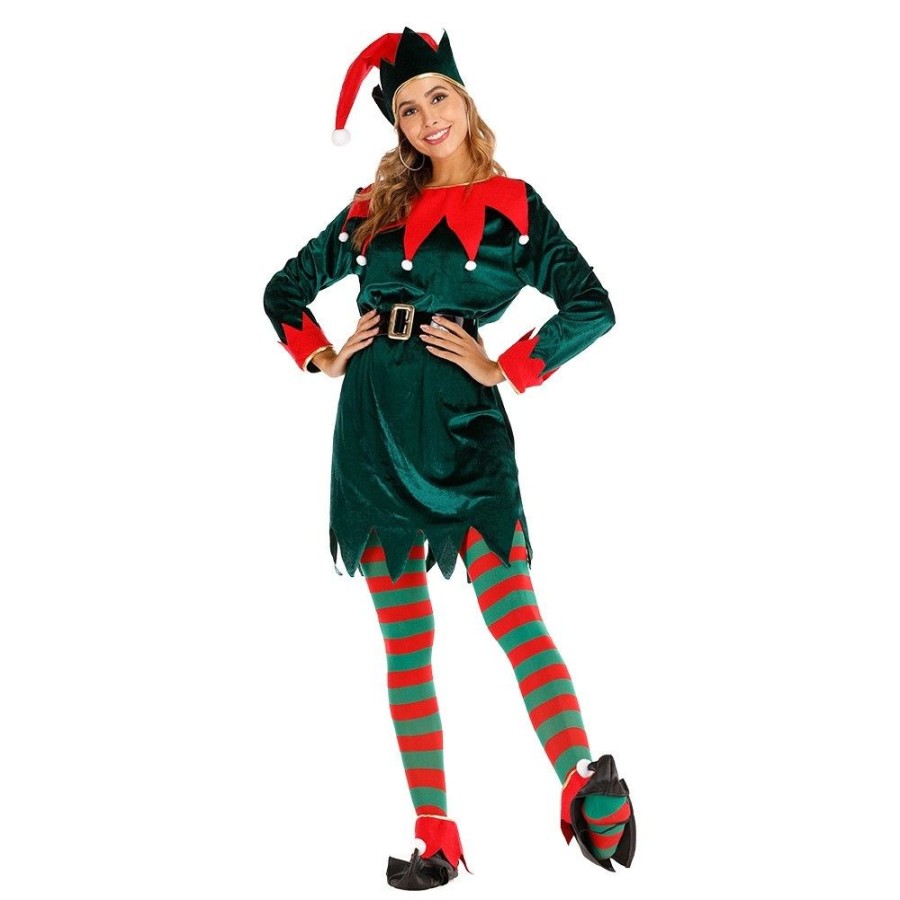 Christmas Favoshape | Women'S Deluxe Elf Cosplay Dress Holiday Santa'S Helper Costumes Green