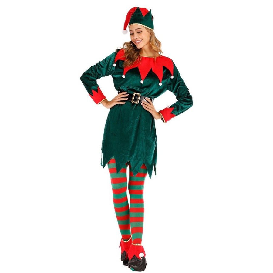 Christmas Favoshape | Women'S Deluxe Elf Cosplay Dress Holiday Santa'S Helper Costumes Green