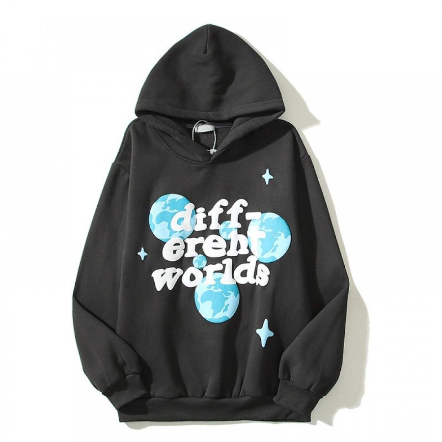 Men'S Favoshape | Hip Hop Streetwear Different Worlds Puffy Print Hoodie Black