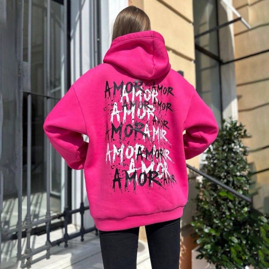 Women'S Favoshape | Women'S Oversized Graffiti Amor Printed Hoodie