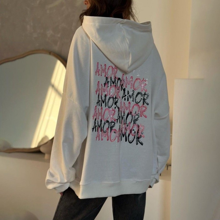 Women'S Favoshape | Women'S Oversized Graffiti Amor Printed Hoodie