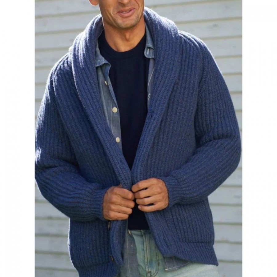 Men'S Favoshape | Men'S Vintage Solid Cashmere Shawl Cable Knitted Cardigan Blue