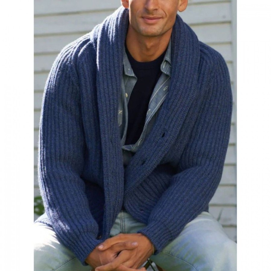 Men'S Favoshape | Men'S Vintage Solid Cashmere Shawl Cable Knitted Cardigan Blue