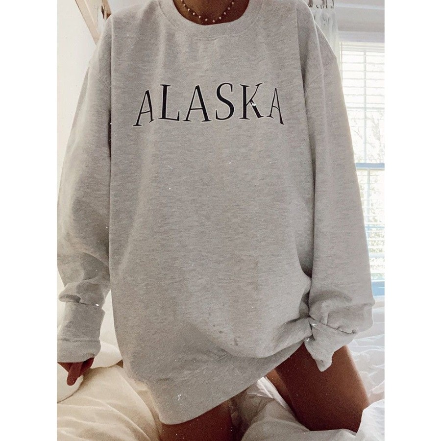 Women'S Favoshape | Women'S Alaska Printed Crew Neck Loose Fit Sweatshirt Grey