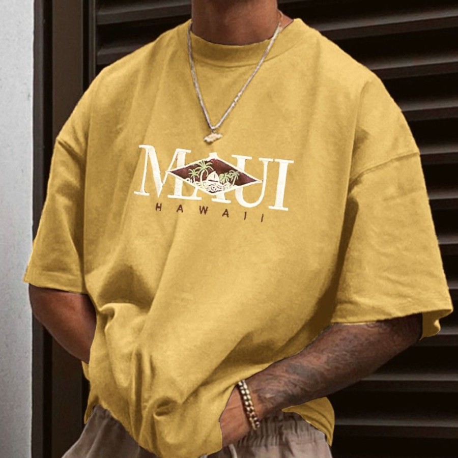 Men'S Favoshape | Men'S Retro Maui Hawaii Crew Neck T-Shirt Yellow