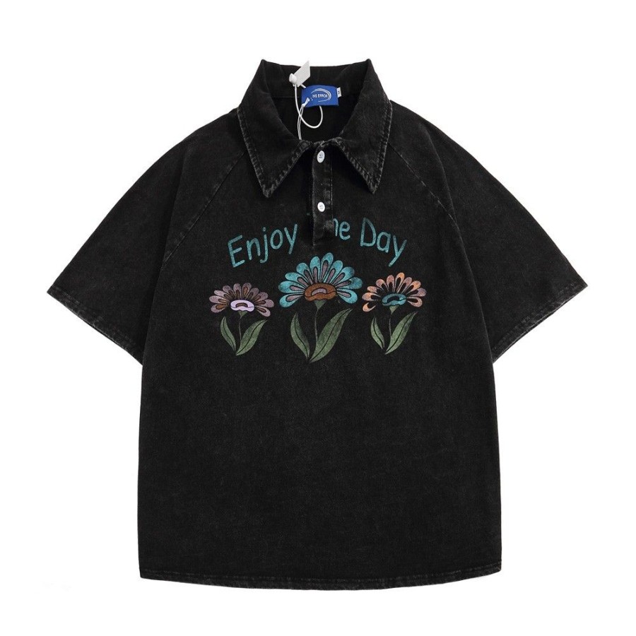 Men'S Favoshape | Men'S Distressed Streetwear Enjoy The Day Flowers Shirt Black