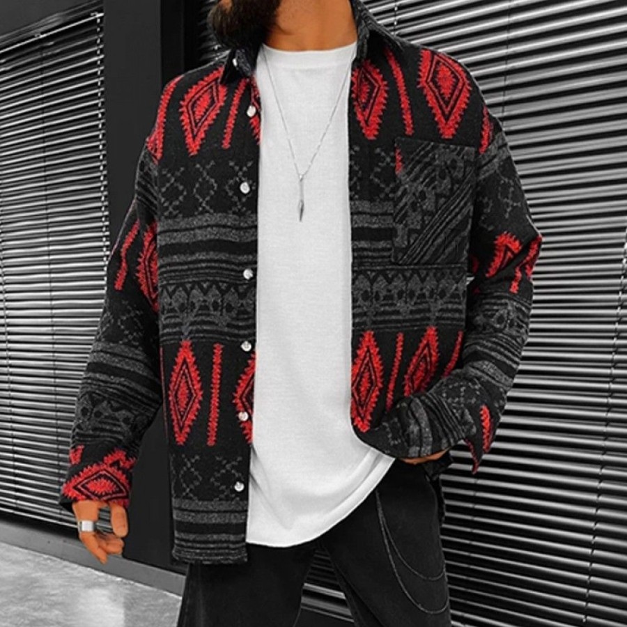 Men'S Favoshape | Men'S Ethnic Aztec Pattern Textured Button Up Jacket Black