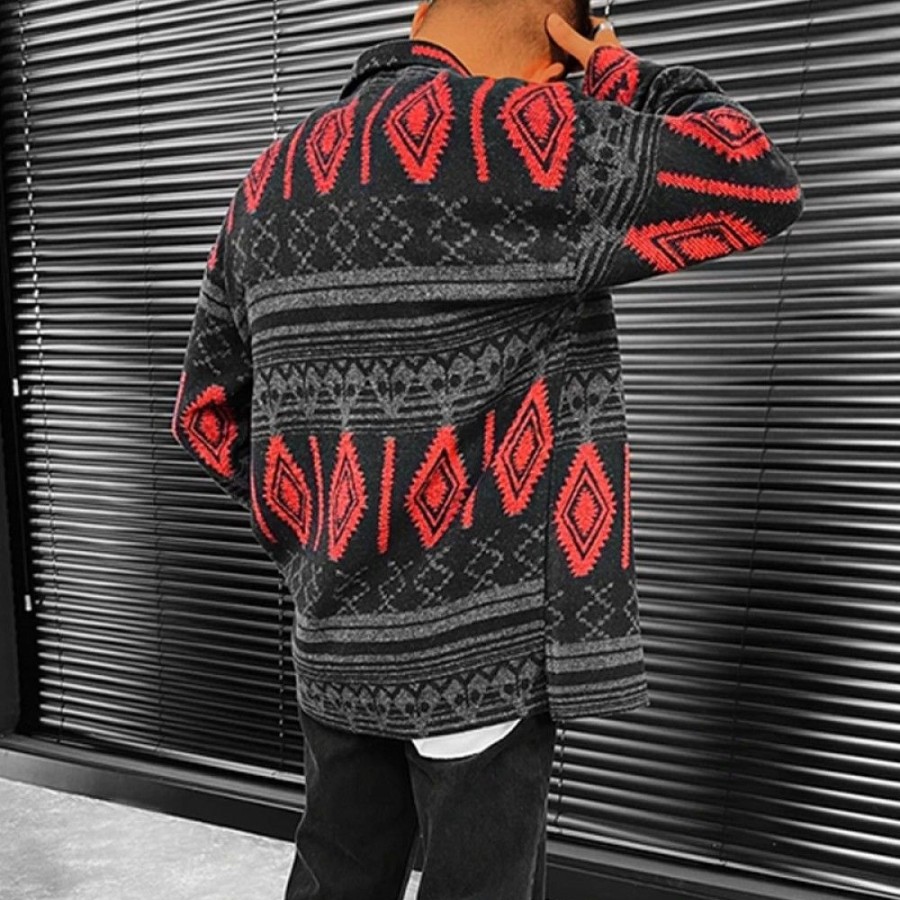 Men'S Favoshape | Men'S Ethnic Aztec Pattern Textured Button Up Jacket Black