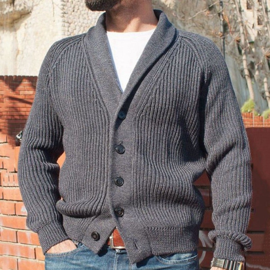 Men'S Favoshape | Men'S Western Button-Up Lapel Cable Knitted Cardigan Sweater Gray