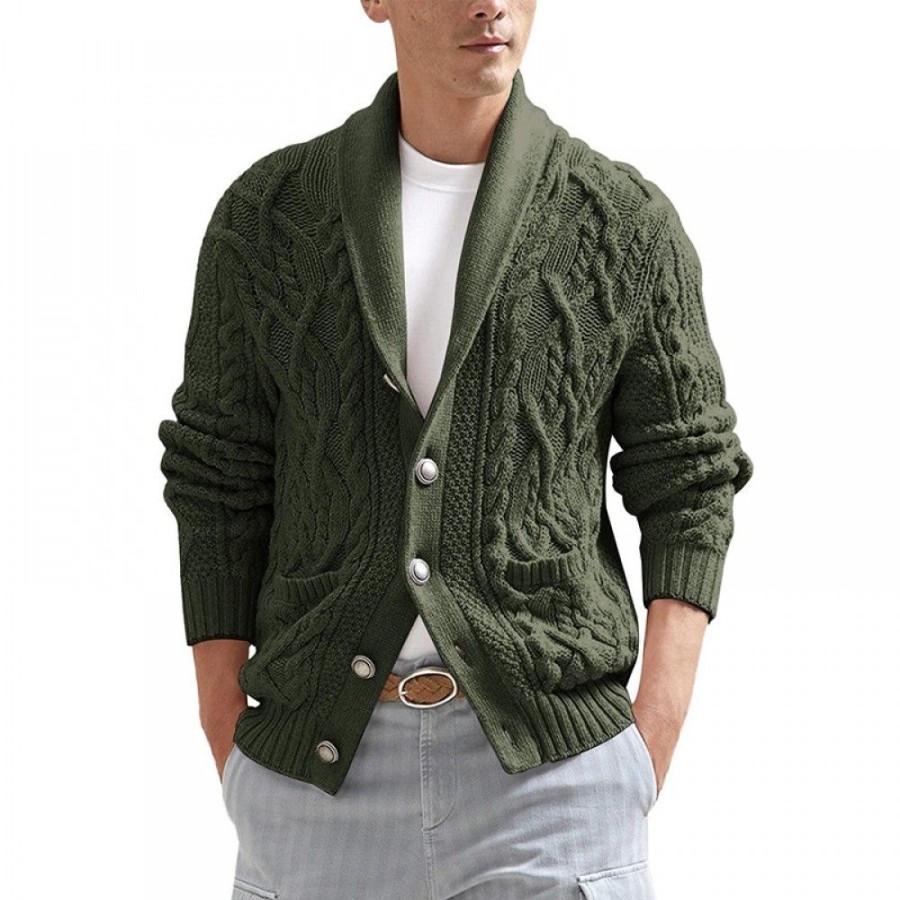 Men'S Favoshape | Men'S Retro Shawl Collar Button Up Cable Knitted Chunky Cardigan