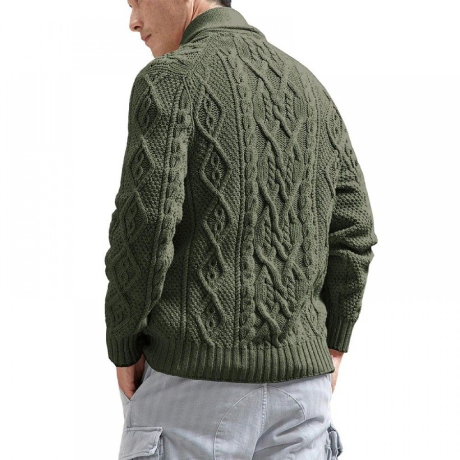 Men'S Favoshape | Men'S Retro Shawl Collar Button Up Cable Knitted Chunky Cardigan