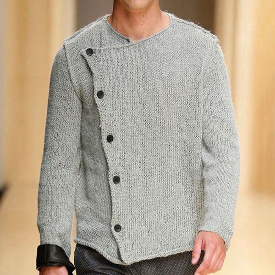 Men'S Favoshape | Men'S Chunky Knitted Cardigan Sweater With Diagonal Button Placket Gray