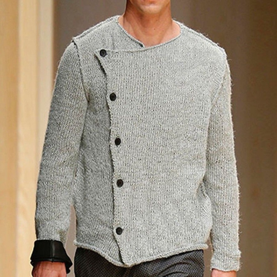 Men'S Favoshape | Men'S Chunky Knitted Cardigan Sweater With Diagonal Button Placket Gray