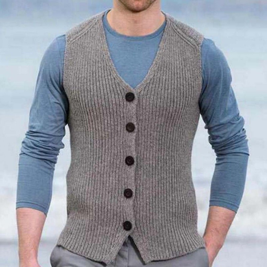 Men'S Favoshape | Men'S V Neck Button-Up Wool Cable Knitted Waistcoat Vest Gray