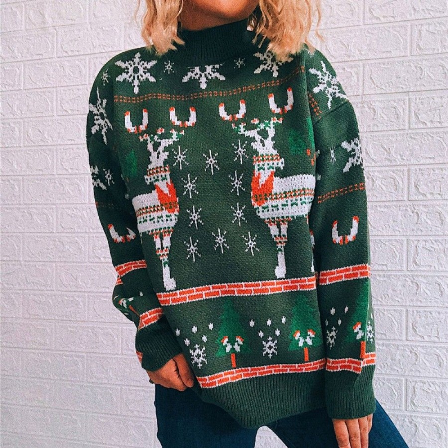 Ugly Sweater Favoshape | Women Christmas Themed Tree & Deer Jacquard Ugly Sweater