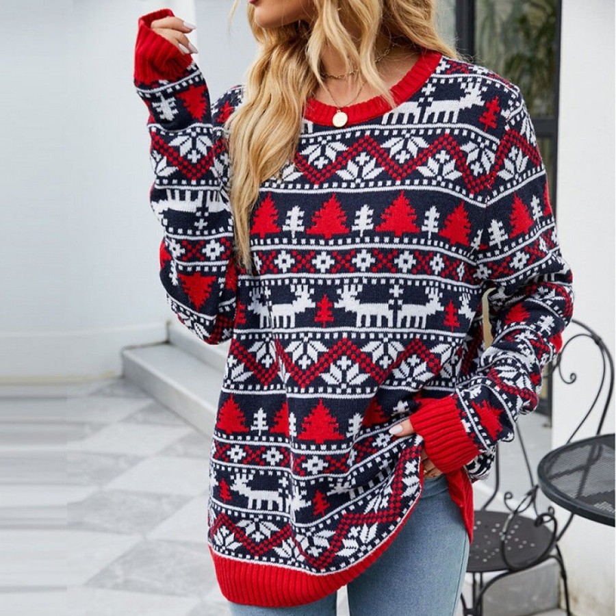 Ugly Sweater Favoshape | Women'S Christmas Pattern Rib Knit Casual Pullover Sweater Navy Blue