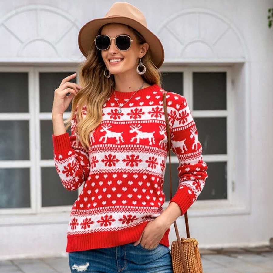 Women'S Favoshape | Women'S Christmas Reindeer & Snowflake Knit Jumper