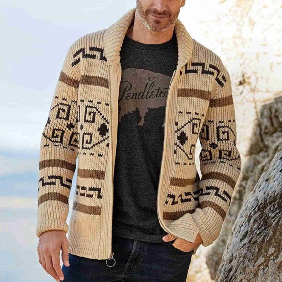 Men'S Favoshape | Men'S Vintage Lapel Zip-Front Cardigan Jacquard Knit Sweater