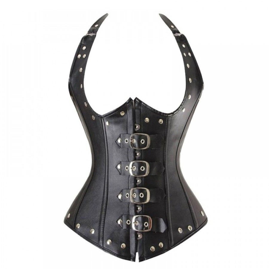 Corsets Favoshape | Gothic Halter Studs Buckle Bone Leather Corset Underbust Shapewear