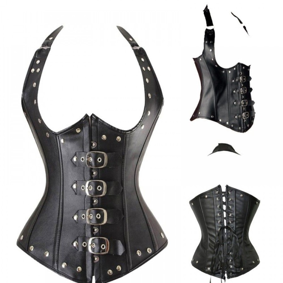 Corsets Favoshape | Gothic Halter Studs Buckle Bone Leather Corset Underbust Shapewear