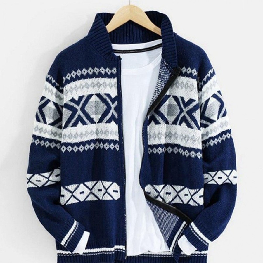 Men'S Favoshape | Men'S Hand-Knit Ranch Shawl Zip-Front Cardigan Causal Aztec Knitwear Blue