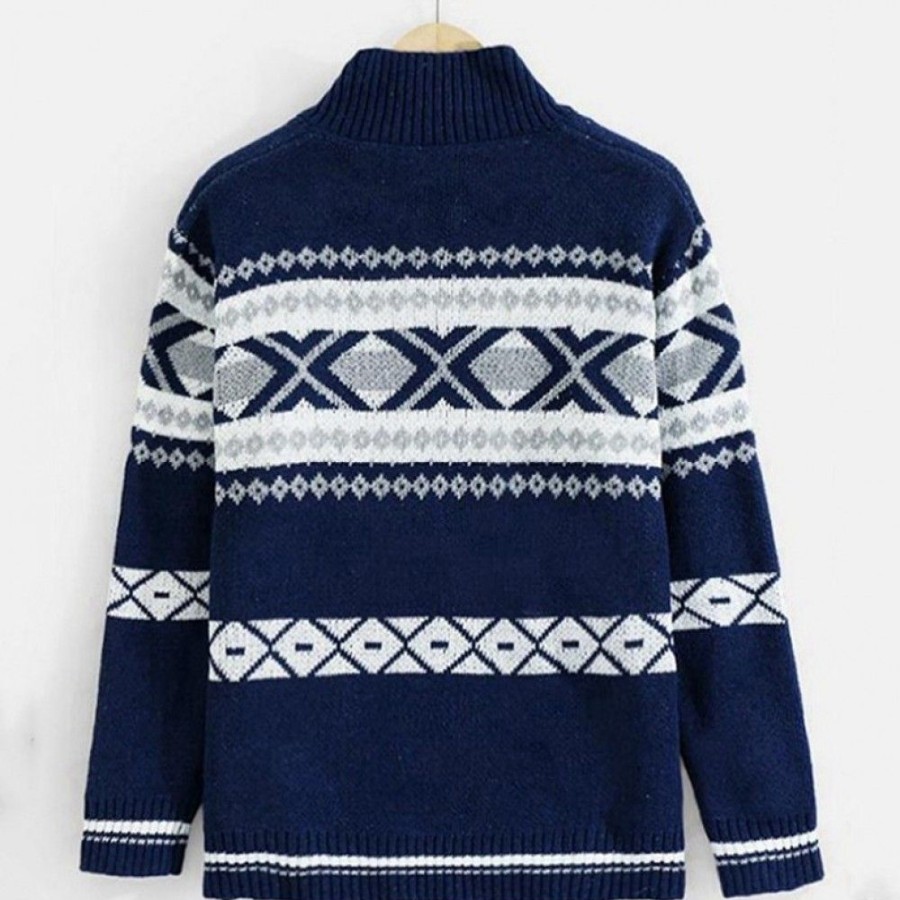 Men'S Favoshape | Men'S Hand-Knit Ranch Shawl Zip-Front Cardigan Causal Aztec Knitwear Blue