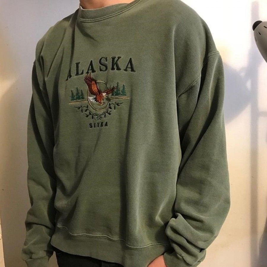 Men'S Favoshape | Men'S Casual Alaska Printed Sweatshirt Olive Green