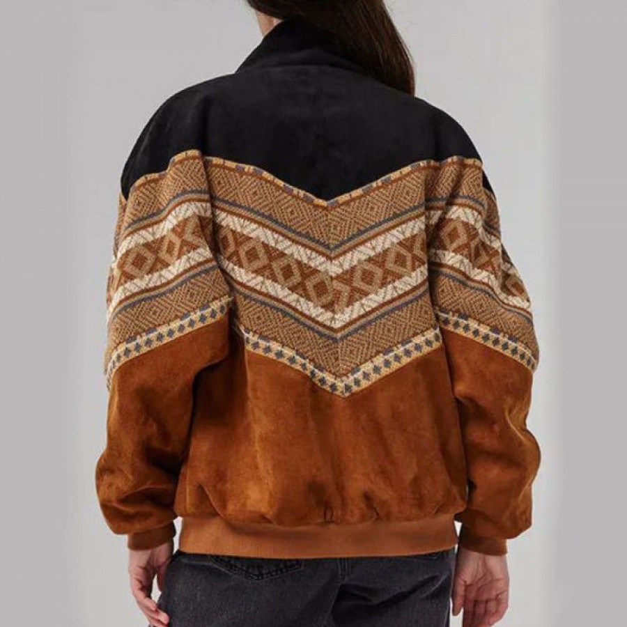 Women'S Favoshape | Women'S Western Aztec Pattern Fleece Lined Rarebird Jacket Brown