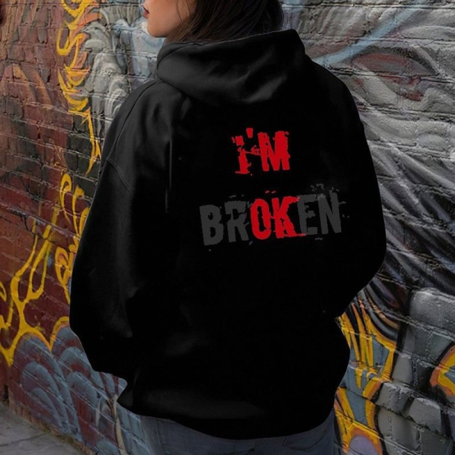 Women'S Favoshape | Women'S I'M Broken I'M Ok Printed Hoodie Black