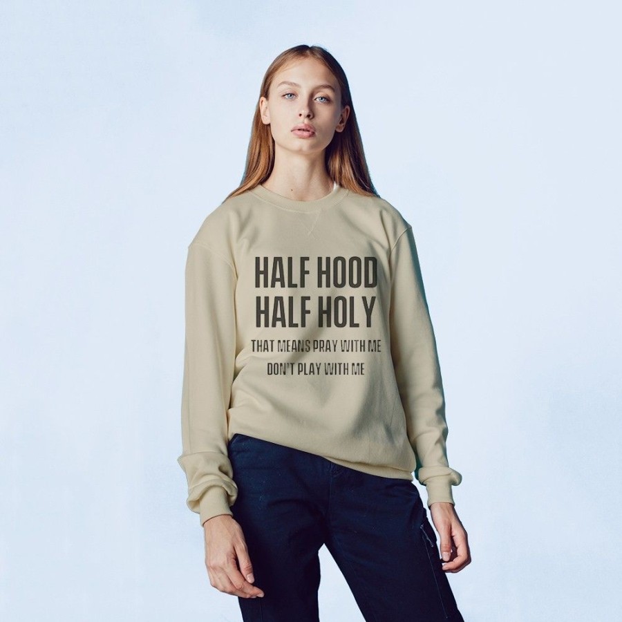 Women'S Favoshape | Women'S Half Hood Half Holy Printed Crewneck Sweatshirt Khaki