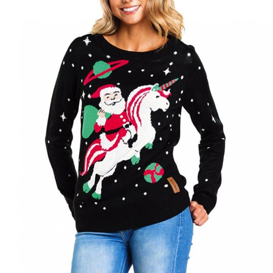 Ugly Sweater Favoshape | Unisex Santa On Unicorn Ugly Family Christmas Sweater Black