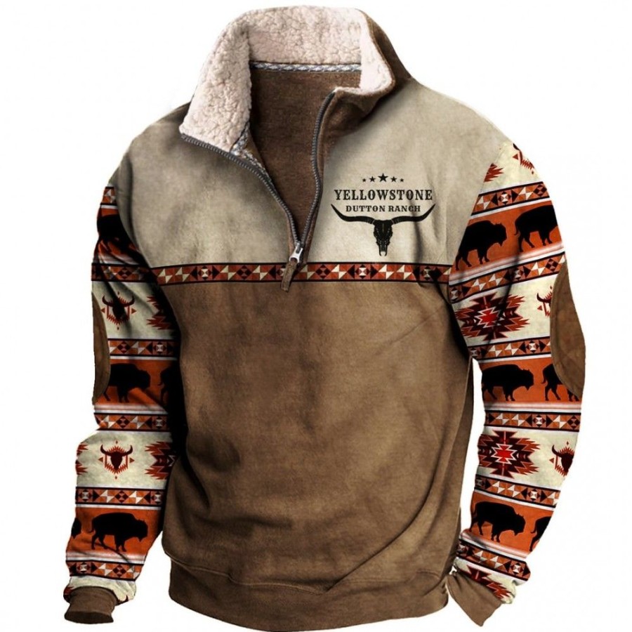 Men'S Favoshape | Men'S Ethnic Style Contrast Warm Pullover Sweatshirt